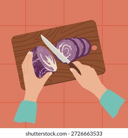 Hands chopping red cabbage on a wooden cutting board