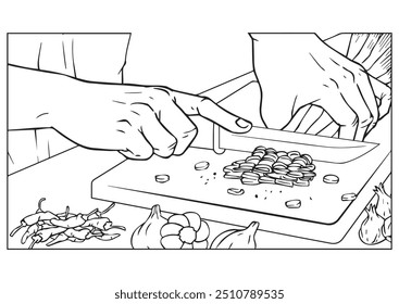 As mãos estão cortando verduras. Ilustração em formato preto e branco e vetorial. Esta ilustração não é um conteúdo gerado pelo AI.