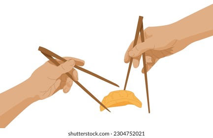 Las manos con palillos llegan hasta los bolsillos de gyoza. Creación del fresco de Michelangelos de Adam motif. El concepto de comida divino asiática. Afiche creativo para publicidad, diseño web. Ilustración vectorial.