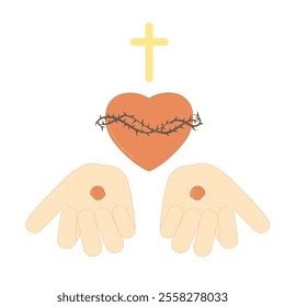 Hands of Christ with stigmata and heart wrapped in a crown of thorns Christian cross from above Religious vector illustration