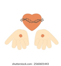 Hands of Christ with stigmata and heart wrapped in a crown of thorns Religious vector illustration