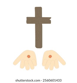 Hands of Christ with Stigmata and Wooden Cross Vector Illustration