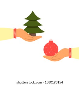 Hands with Christmas decoration elements. One hand holds green Christmas tree, second hand holds red Christmas ball. Flat cartoon style vector illustration isolated on white background