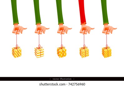 Hands of Christmas elves or clowns with gifts. Set of creative elements for the festive design of postcards, posters, banners, leaflets, advertising, discounts and sales. Vector illustration