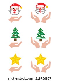 Hands with Christmas icons - Santa Claus, tree, star