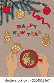 Hands with Christmas tree and coffee and gingerbreads on the desk. New Year holiday top view illustration, greeting card, banner