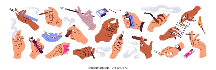 Hands with cigarettes set. People hold different burning cigars, ecigarettes, vapes, smoke pipe. Cig pack, ashtray with stubs, lighters, matches. Flat isolated vector illustrations on white background