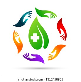 Hands circle around green leaf, healthcare icon