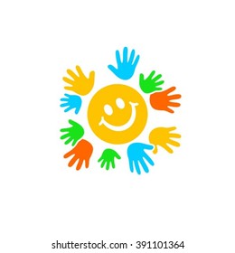 Hands in circle around smile logo