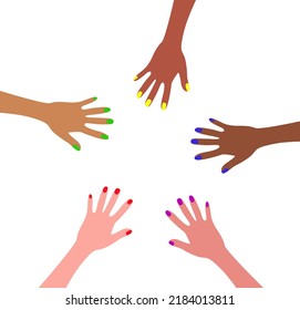 Hands in a circle with bright manicure flat vector isolated on white background