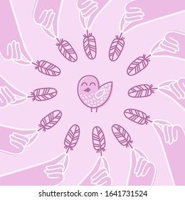 Hands in a circle with feathers and a bird in the center. Vector illustration with arms. Round feather frame