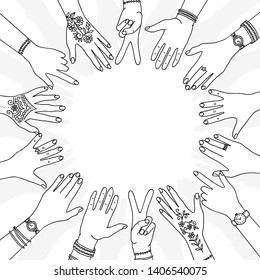 Hands in a circle - hand drawn, diverse hands held in a circle