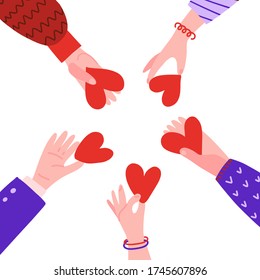 Hands in circle with hearts. Friendship concept. People hold out each other's hearts. Characters palm with symbol of love ond frienship. Vector flat hand drawn illustration.