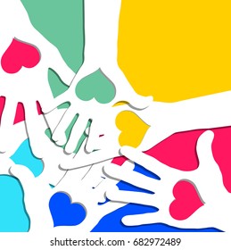 Hands in circle with hearts. Friendship concept, vector