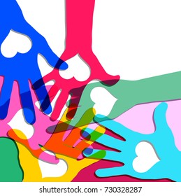 Hands in circle with hearts. Friendship concept, vector