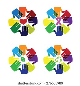 Hands circle love and care colorful icon