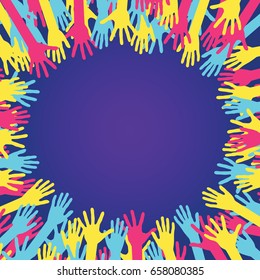 Hands in circle with place in center for text. Concept of group of children, people and union. Waving hands in the fun event. Hand-voting in the crowd. Vector illustration