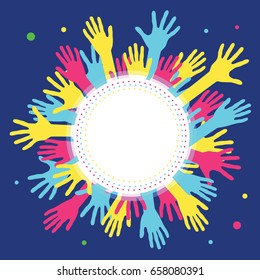 Hands in circle with place in center for text. Concept of group of children, people and union. Waving hands in the fun event. Hand-voting in the crowd. Vector illustration