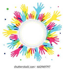 Hands in circle with place in center for text. Concept of group of children, people and union. Waving hands in the fun event. Hand-voting in the crowd. Vector illustration