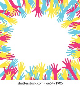 Hands in circle with place in center for text. Concept of group of children, people and union. Waving hands in the fun event. Hand-voting in the crowd. Vector illustration