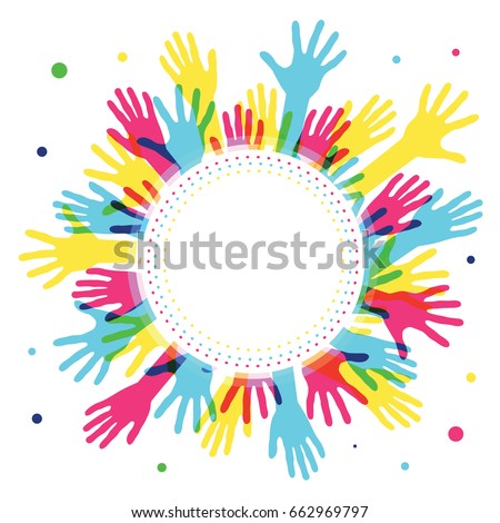 Hands in circle with place in center for text. Concept of group of children, people and union. Waving hands in the fun event. Hand-voting in the crowd. Vector illustration