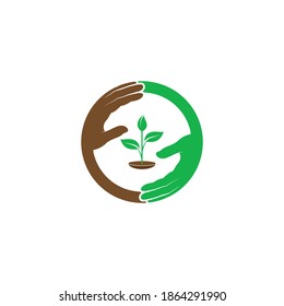 Hands in a circle shape with sapling in the middle. Vector symbol