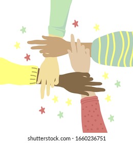 Hands In A Circle Supporting Each Other. People Hold Hands. The Concept Of Teamwork And Support Of Different People. Equal Opportunity For All. 
Process Inclusion.  Vector Isolated Illustration