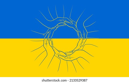 Hands in a circle symbolizing unity, help and the sun. Yellow-blue background.
