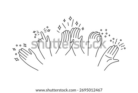 Hands clap doodle line art, applause and appreciate group of people. Congratulations, support, thanksgiving, feedback in hand drawn. Vector illustration