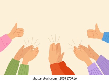 Hands clap. People clapping, celebration succesful deal. Cheers team, support or congratulate. Appreciation crowd, crowd applaud decent vector banner