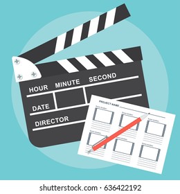 Hands with clapperboard. Flat vector cartoon illustration. Objects isolated on a blue background.