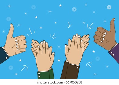 Hands clapping, applause and thumb up gesture - bravo. Congratulations concept illustration. Vector in cartoon style.