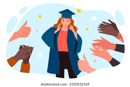 Hands clapping for female graduate in gown and cap vector illustration. Cartoon people congratulate happy young girl with graduation of academy, university, college or school on praise ceremony