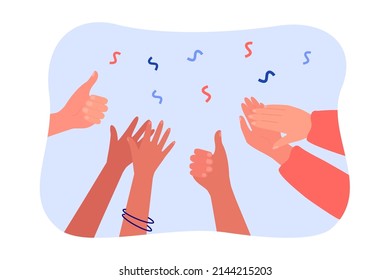 Hände klatschen und Daumen aufgeben. Eine Menge verschiedener Leute applaudieren, Zuschauer jubeln flache Vektorgrafik. Erfolg, Feier, Support-Konzept für Banner, Website-Design oder Landing-Page