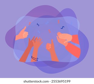 Hands clapping and giving thumbs up. Crowd of diverse people applauding, audience cheering flat vector illustration. Success, celebration, support concept for banner, website design or landing page