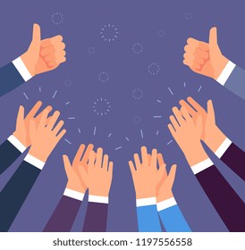 Hands clapping. Thumbs up and applause gestures. Congratulation, appreciation and business success vector concept. Illustration of people support and like thumb, up, applause hand