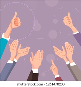 Hands clapping. Thumbs up and applause gestures. Congratulation, appreciation and business success. Illustration of people support and like thumb, up, applause hand. Vector illustration