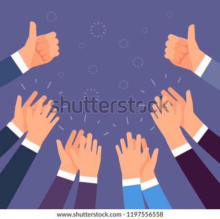 Hands clapping. Thumbs up and applause gestures. Congratulation, appreciation and business success vector concept. Illustration of people support and like thumb, up, applause hand