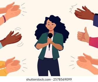 Hands clapping and thumbs up ovation to woman performance vector flat illustration. Cartoon multinational people audience applauding, encouragement and showing appreciation on stand-up show