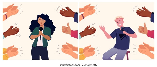 Hands clapping and thumbs up ovation to woman, man performance vector flat illustrations set. Cartoon multinational people audience applauding, encouragement and showing appreciation on stand-up show