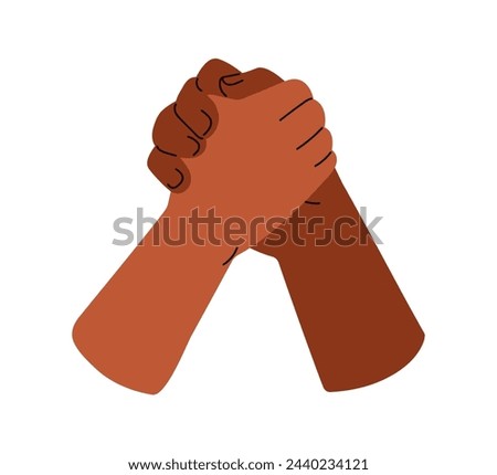 Hands clasp, grip. Buddies greeting. Informal hi gesture, friends, bros. Grabbing arms together. Respect, friendship, communication concept. Flat vector illustration isolated on white background