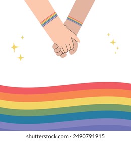 Hands clasped together symbolizing LGBTQ unity and support against white background. Contemporary art. LGBT, equality, pride month, support, love, concept. Rainbow flag.