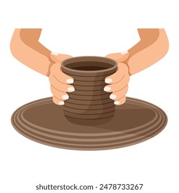 Hands and clay pot on a potter's wheel, pottery studio. Hobby concept. Illustration, clip art, vector