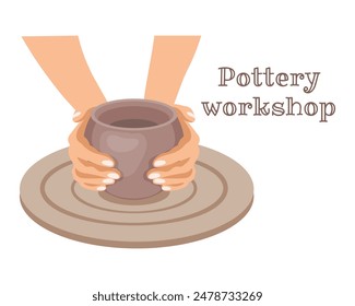 Hands and clay pot on a potter's wheel, pottery studio. Hobby concept. Illustration, clip art, vector