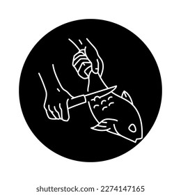Hands clean fish color line icon. Cooking food. Meal preparation