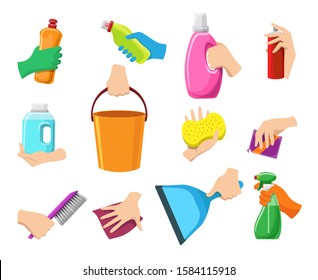 Hands with cleaning equipment. Cartoon hand set with broom and brush, scoop and rag, household maintenance and cleaning tools with arms