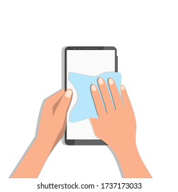 Hands Are Cleaning A Smartphone With A Napkin. Gadget Screen Processing. Vector Illustration, Flat Cartoon Design, Eps 10.