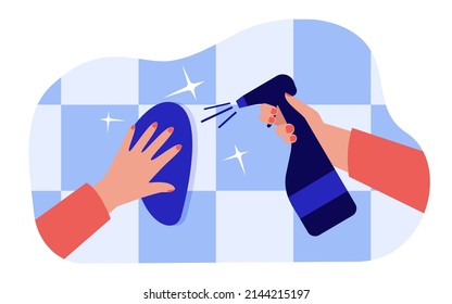 Hands cleaning surface with wipe and spray. Person spraying, disinfecting and wiping tiles flat vector illustration. Hygiene, cleaning service concept for banner, website design or landing web page