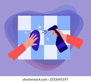 Hands cleaning surface with wipe and spray. Person spraying, disinfecting and wiping tiles flat vector illustration. Hygiene, cleaning service concept for banner, website design or landing web page