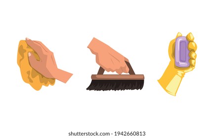 Manos con herramientas de limpieza montadas, abrazadera de mano, pincel, ilustración de vectores de dibujos animados de jabón